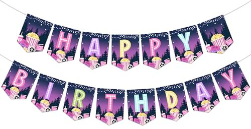 Movie Night Birthday Banner - Pink Girl Movie Night Birthday Party Supplies, Movie Theme Happy Birthday Banner for Backyard Cinema Popcorn 1st 2nd 3rd Party