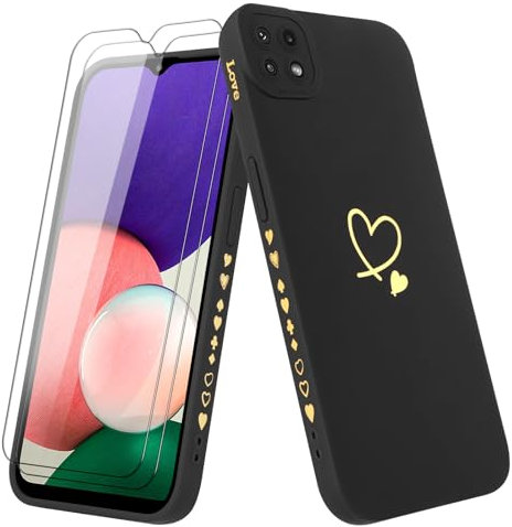 Vauki Hülle für Samsung Galaxy A22 5G mit 2 Schutzfolie Handyhülle Mädchen mit Herz Motiv Muster Weiches Dünne Silikon TPU Stoßfest Kratzfeste Case Kompatibel mit Samsung Galaxy A22 5G, Schwarz