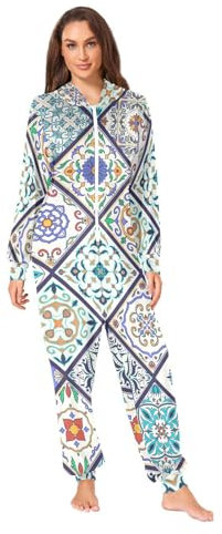 Grün Braun Leopard Haut Textur Erwachsene Onesie Pyjama Einteiler Reißverschluss Mit Kapuze Playsuit Loungewear Einteiler Pyjama Jumpsuits, Mandala Plaid, Large