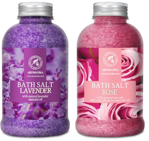 Badesalz Set Lavendel & Rose 2х600g - Meersalz mit Ätherischen Lavendelöl - Absolutes ätherisches Rosenöl - Aromatherapie - Körperpflege - Schönheit - Entspannung