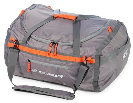 Fjellpulken Packtasche für Sportausrüstung, robuste Seesäcke für Camping, Motorradfahren, Skifahren und Camping, Ausrüstung für Abenteuer, grau / orange, 80 Liter, Faltbare Multifunktionstasche