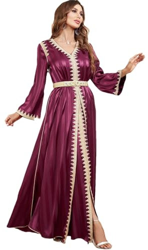 Frauen Ramadan Satin 2 Stück Kaftan Set Muslim Abaya Solid Tape Trim Volle Ärmel V-Ausschnitt Türkisch Arabisch Kleider