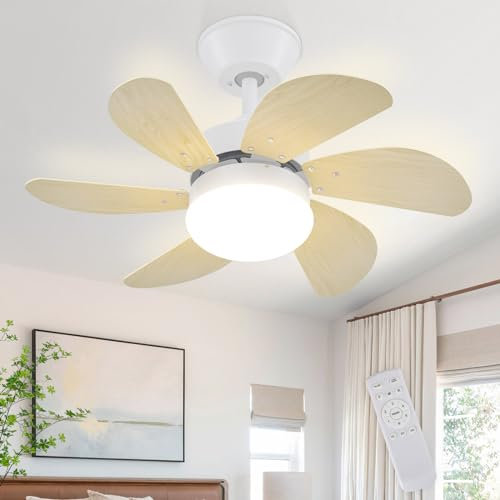 Mursche Ventilatore da soffitto con luce e telecomando - Ventilatore da soffitto silenzioso, 6 pale, design temporizzato 75 cm, luce da soggiorno, presa moderna E27, per camera da lett