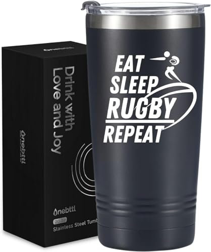 Onebttl Rugby Gifts, Rugby Coach Gifts for Men, 20 oz Travel Tumbler with Lid and Straw, Gift Box and Card Included, Eat Sleep Rugby Repeat