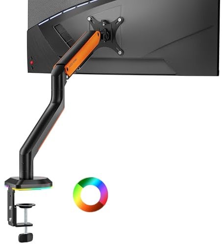 ARES WING Single Monitor Mount with RGB, Monitor Arm Desk Mount for 17 to 32 inch Computer Monitor, Holds 19.8 lbs, Adjustable Monitor Stand for Desk, Vesa Mount with Clamp and Grommet Base, Orange