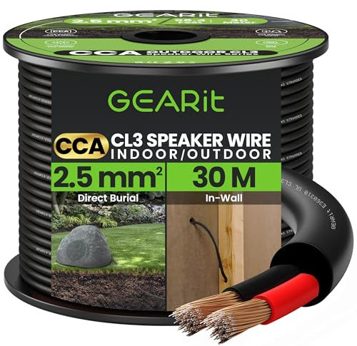 GearIT 14 Gauge 2x2.5mm² Indoor/Outdoor CL3 Speaker Cable CCA Wire (30m - Black) Copper Clad Aluminum - Direct Burial Underground Rated - 14awg
