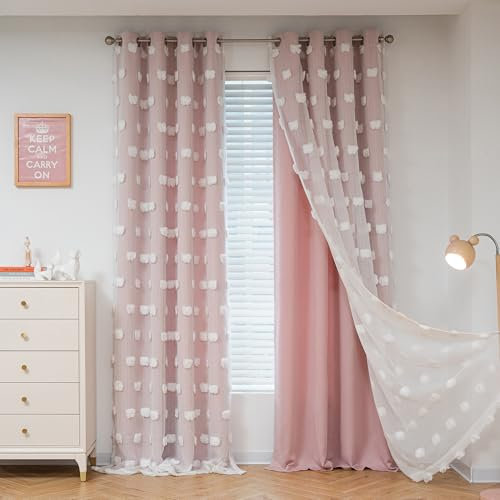 MYSKY HOME Gardinen Kinderzimmer Mädchen Verdunkelungsvorhang 2er Set Vorhänge mit Ösen Weiß Gaze Doppellagige Modern Gardine Wohnzimmer Verdunkelung Vorhang, H 240 x B 132 cm, Rosa