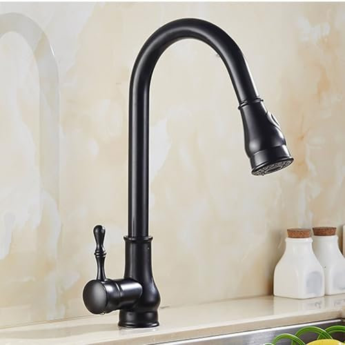 ANWEALTH Robinet de Cuisine Rétro Vintage avec Douchette Extractible Mitigeur Cuisine 1 Trou Bec Pivotant Poignée Unique Robinet Evier Cuisine Chaud Et Froid Noir Mitigeur Robinet Evier de Cuisine