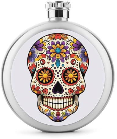 Petaca redonda portátil de acero inoxidable de 5 onzas, hermosa petaca de whisky con calavera para hombres y mujeres