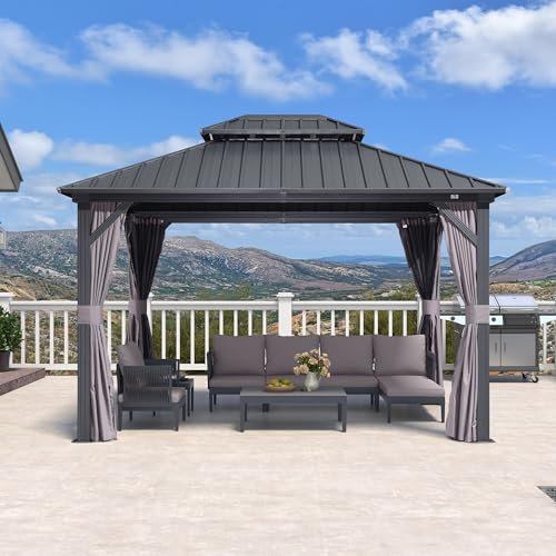 PURPLE LEAF 3m x 3.65m Hardtop Gazebo Aluminum Double Layer Roof Modern Outdoor Garden Canopy with Ventilated Roof Sunshade Curtains and Insect Netting Perfect for Enhancing Your Lawn and Patio