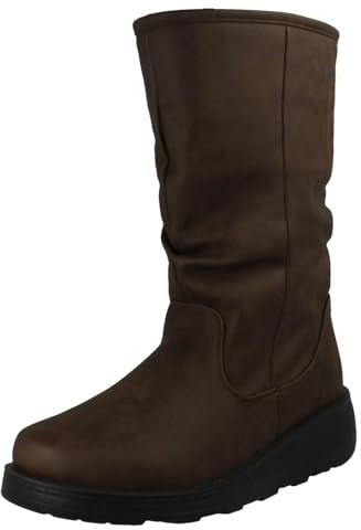 Spot On Ladies Fur Lined Zip Up Wide Fit Wedge Heel Mid Calf Boots F4466 - Brown Synthetic - UK Size 8 - EU Size 41 - US Size 10