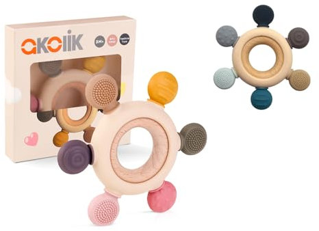 akolik Anneau de Dentition pour Bébé, en Silicone et Bois pour Jouet de Dentition, Accessoires d'Allaitement Sans BPA pour Bébés de 3-6 6-12 Mois Autiste, Cadeaux pour Enfant (gouvernail A+B)
