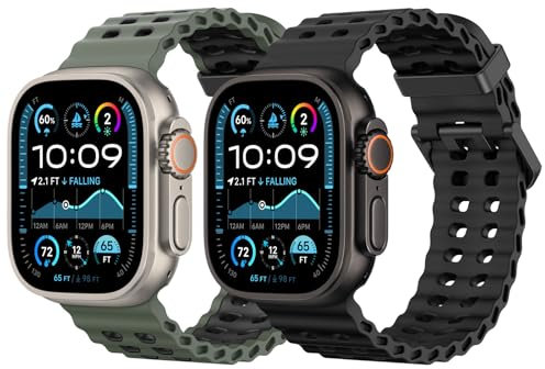 MoKo 2Stk Ozeanband Kompatibel mit Apple Watch Ultra 3/2/1 49mm,S11/S10 46mm,9/8/7 45mm,SE3/SE2/SE/6/5/4 44mm,3/2/1 42mm, Metallverbinder Atmungsaktives Silikon-Armband, Schwarz+Armeegrün Schwarz
