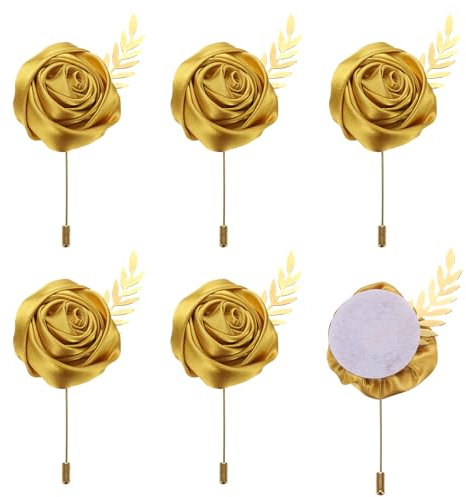 QUARKZMAN 6 Stück Goldene Rosen Ansteckblumen Knopflöcher Taschenanstecker Pins mit Blatt für Hochzeitszeremonie Jubiläum Abschlussball Formelles Abendessen Party (4,7 x 2 Zoll)