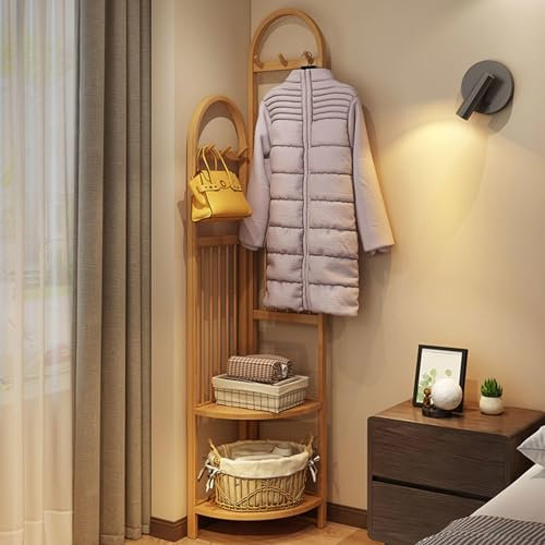 Porte-manteau sur pied avec miroir, porte-manteau, porte-manteau en bambou avec étagère, porte-manteau d'entrée, porte-manteau d'angle sur pied avec 6 crochets pour chapeaux, sacs à vêtement