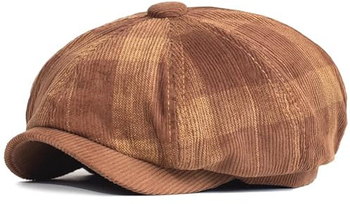 Schiebermützen Herbst Winter Plaid Dicke Newsboy Hut Cord Baskenmütze(Coffee)