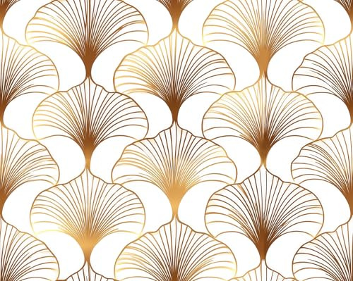 ReWallpaper Papel Pintado Geometrico Dorado Moderno 44.5CMx7M Vinilos Adhesivos Baño Impermeable Vinilo para Forrar Muebles Cajones Puerta Papel Pintado Pared Blanco y Dorado Estampado Abanico