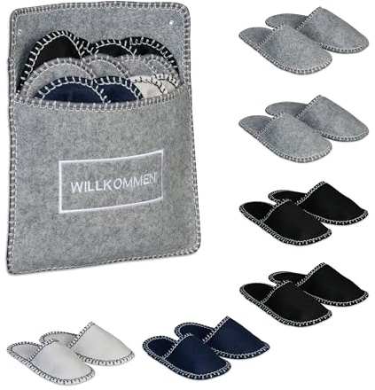 Relaxdays Felt Guest Slippers, 6 Pairs, Multicoloured | Indoor Shoe Set with Bag, Sizes EU 36-45, Anti-Slip Sole, Unisex