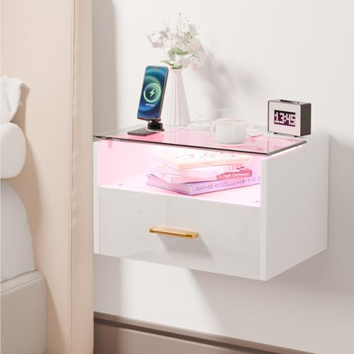 Ztexkee Hängender Nachttisch mit Steckdose Glas Nachtschrank hängend mit RGB LED Lichtleiste und 1 Schublade für Schlafzimmer, Wohnzimmer Weiß