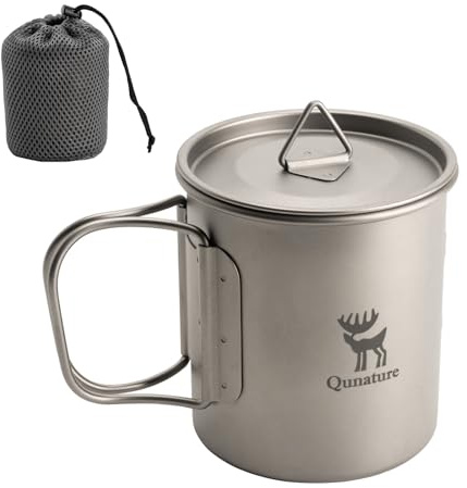 Qunature Titan Becher 375 ml, Camping Topf mit Deckel und Klappgriff | Antibakteriell Campinggeschirr für Camping Wandern Outdoor Backpacking