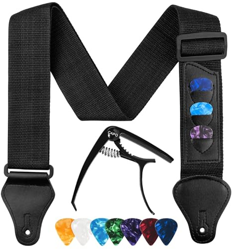 BITEFU 12 Stücke Gitarren Zubehör, Enthält 1 Verstellbarer Gitarrengurt, 1 für Akustikgitarre 6 Saiten und 12 Saiten Kapodaster, 6 zufällige Farbe Plektren Gitarre