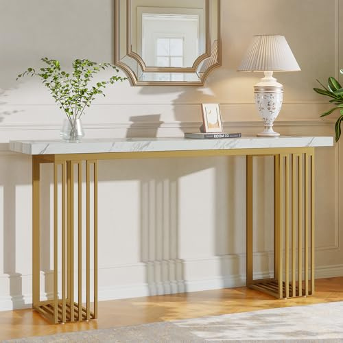 Tribesigns Table console de salon 160 cm - Table de couloir industrielle avec structure en métal élégante - Table basse pour couloir, entrée, hall - Blanc et doré