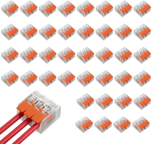 RDTOK 40 Stück Kabelverbinder 3 Polig, Lüsterklemmen Steckbar, Kabelklemmen Elektro (0,14-4 mm²), Verbindungsklemmen mit Betätigungshebel, 32A 450V, für Elektroinstallation & Hausverkabelung