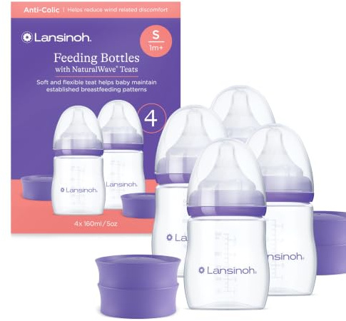 Lansinoh Anti Colic Baby Bottle - 4 Pack 160 ml - NaturalWave® Teats Reduces Nipple Confusion - BPA & BPS-Free Breastfeeding Bottle Feeding Stackable Lid Fridge Freezer Milk Storage Feeding Bottles