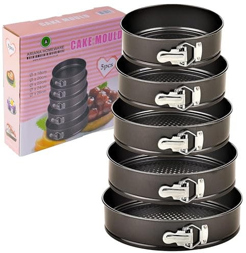 ARIANA HOMEWARE Set of 5 Round Cake Tins Springform with Removable Bottoms and Metal Handles Loose Base Baking Pan Tray Perfect for Cakes and Cheesecake – Sizes 18/20/22/24/26 CM