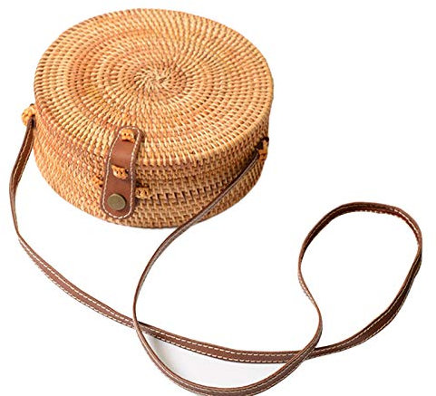 Korbtasche Bambus Handgemachte Vintage Modische Rattan Stroh Gewebte Tasche BöHmen Stil Runden Bogen Strandtasche Zuhause Aufbewahrungstasche FüR Frauen Rund Korb Runde Geflochtene Tasche