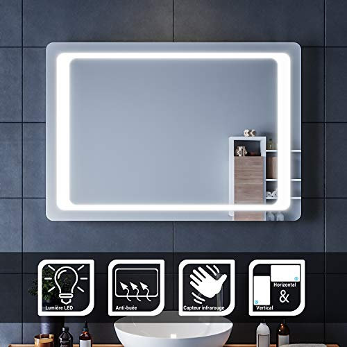 SIRHONA Miroir à LED 100x70cm Miroir de Salle de Bains avec éclairage à LED Mirror Cosmetic Applique Murale pour éclairage Illumination avec Capteur de Contrôle/Anti-buée