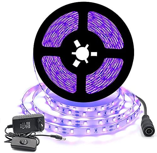 Arotelicht 12V Ensemble de Ruban LED Flexible UV Noire 5M 300leds IP20 300leds SMD2835 Bande Violet Avec Tranformateur/Bloc d’Alimentation, pour la décoration Intérieur festival, Noël
