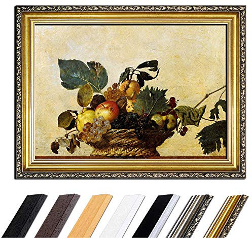 Bild mit Rahmen - Caravaggio Früchtekorb 80x60 cm - Gerahmtes Leinwandbild Alte Meister - Antiker Rahmen Gold Barock, Klassisch