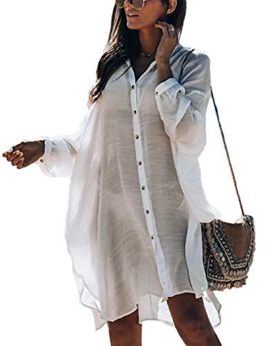 Bsubseach White Long Sleeve Bikini Cover Up Swimwear for Women Loose Beach Shirt Tunic Dress