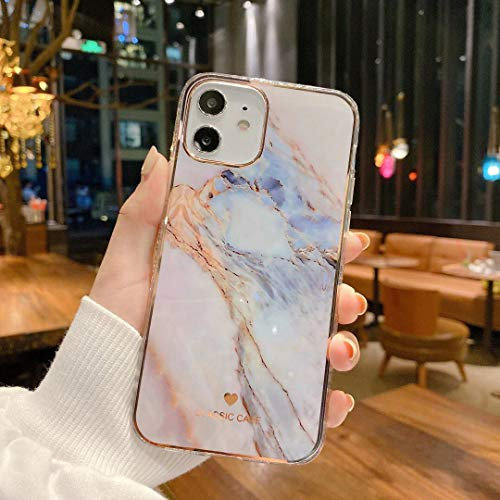 OWM iPhone 12 Case/iPhone 12 Pro Case Marble Stone Bling Silicone Bumper Gold Edging Slim Soft Back Shockproof Phone Cover Compatible for iPhone 12 / iPhone 12 Pro [6.1 Inches] - Blue Marble