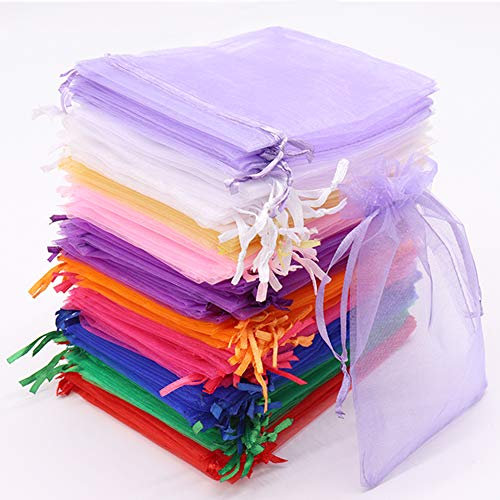 Leeyunbee 100 Stück Bunt Organzasäckchen 10 x 15 cm Organzabeutel, Säckchen Geschenk Schmuck Hochzeit Bonbonsbeutel Für Festival Party und Hochzeit, Satin-Kordelzug