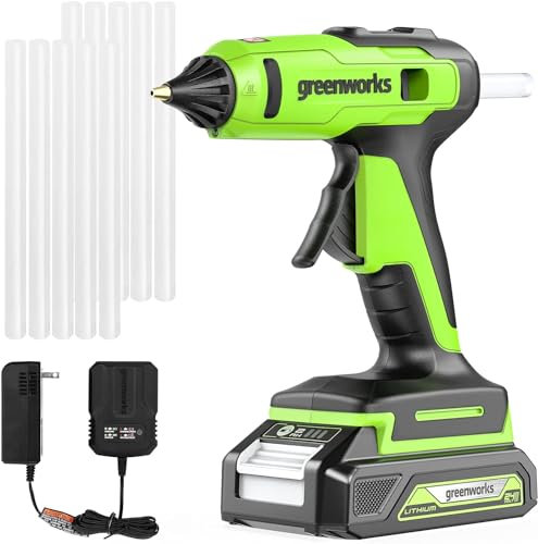 Greenworks Heißklebepistole 24V kabellos, 90 Sekunden schnelles Aufheizen, LED-Licht, tropffreie Düse, MIT 2Ah-Akku und Ladegerät