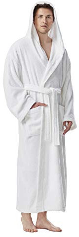 Peignoir de bain pour hommes avec capuchon, longueur mollet, Blanc pur, L-XL