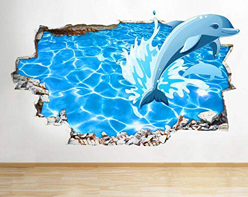 Wandtattoo - Dolphin Water Splash Kinderbett Loch Wandtattoo Art Aufkleber Vinyl 3D Aufkleber für die Wand - Wanddekoration - 80x125cm