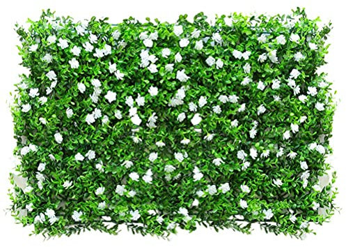 Hidyliu 1pcs Green Plastic Artificial Leaf Hedge Fence Panels Privacy Screen Lawn, Green Faux Trellis Garden Fence Balcony Screen, Plastic Material, Adornment for Wedding Yard(White with Flowers)