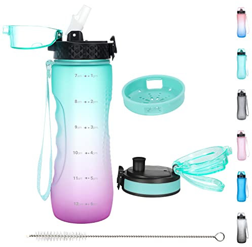 OLDLEY 750ml/25oz Water Bottles with Straw Leakproof Tritan Water Bottles Plastic Drink Bottles Durable Sports Bottles BPA Free Filter Time Markings Gym Bottles for Women Men(Green Purple, 2 Lids)