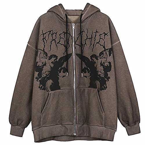 Siyova Felpa con Cappuccio da Donna Taglie Forti Pullover a Maniche Lunghe Ampia con Stampa di Angelo con Cerniera e Tasca Cappotto Casual Autunnale per Ragazza (Marrone, M)