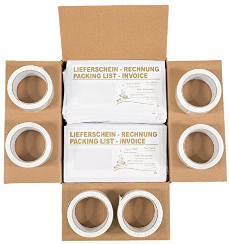 SET = 1000 Versandtaschen + 6 Packbänder - Lieferschein/Rechnung - DIN Lang - Bedruckt: FROHE WEIHNACHTEN UND EIN GUTES NEUES JAHR