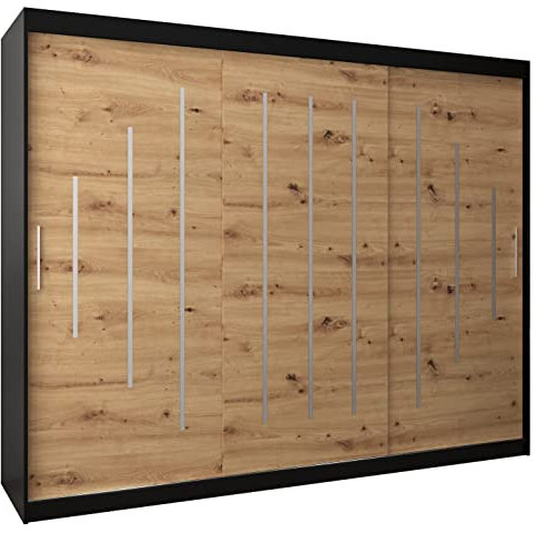 Kryspol Schwebetürenschrank York 250 cm Kleiderschrank mit Kleiderstange und Einlegeboden Schlafzimmer- Wohnzimmerschrank Schiebetüren Modern Design (Schwarz + Artisan Eiche)