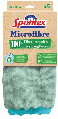 Spontex Microfibre Recyclingfasern Mikrofasertücher, 60 Stück, 100% recycelte Fasern aus mehr als 22 recycelten PET Flaschen, ideal zur feuchten und trockenen Reinigung, 30 x 30 cm (12 x 5er Pack)