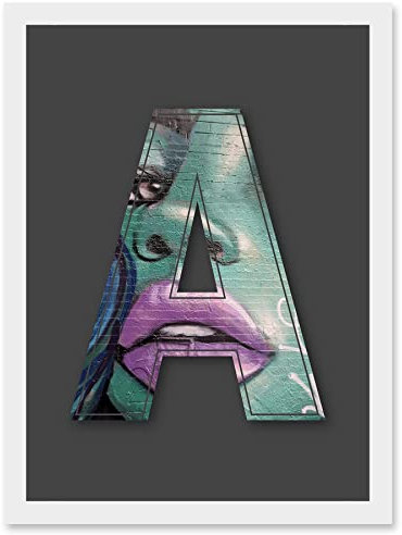 Wee Blue Coo Letter A Womans Face Green Purple NYC Decorative Graffiti Mural Alphabet Initial Stencil Artwork Framed Wall Art Print A4