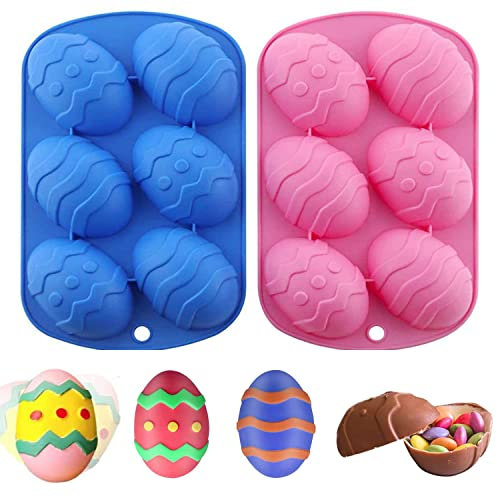 2 Stück Ostern Schokoladenformen, Ostereier Silikonform, Silikon Backform Ostern, 6-Fach Ostereier Backform Kuchenform, für Osterschokolade, Gebäck, Kuchen, Brot, Eiswürfel, Seife, DIY - Rosa, Blau