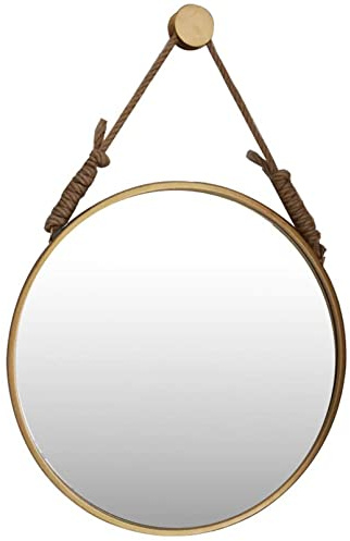 YTGH Espejo montado en la Pared, Espejo Colgante de Maquillaje de baño nórdico con Cuerda de cáñamo y Marco de Metal con Fijaciones Colgantes, Dorado(Size:Diameter 19.7inch)