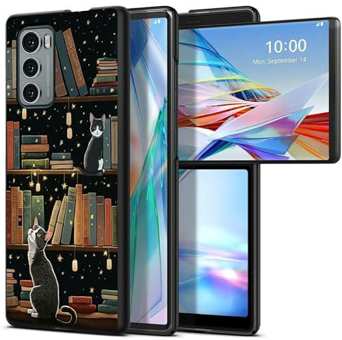 BWEGRHE Simpatica libreria a forma di gatto progettata per LG Wing 5G, custodia rigida sottile in PC antiurto per ricarica wireless per LG Wing 5G (2020)