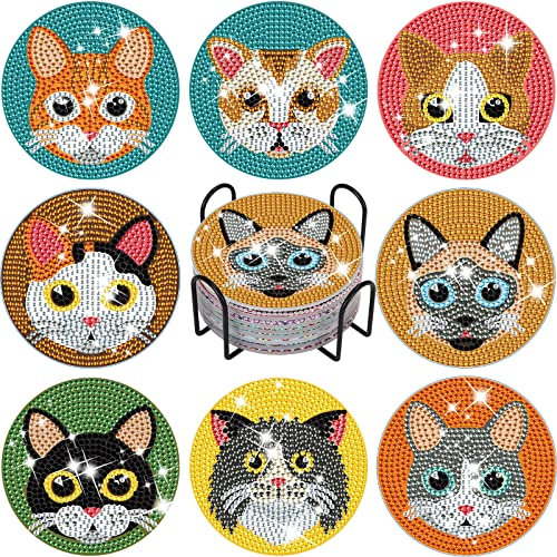 8 Stück Diamond Painting Untersetzer,DIY Diamant-Kunst Untersetzer mit Halter, Runde Diamant Malerei Untersetzer,Diamant-Malsets für Erwachsene Kinder Anfänger(Katze)
